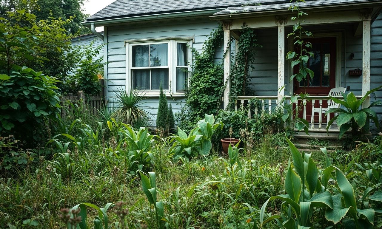 雑草が生い茂る庭と放置された住宅の外観