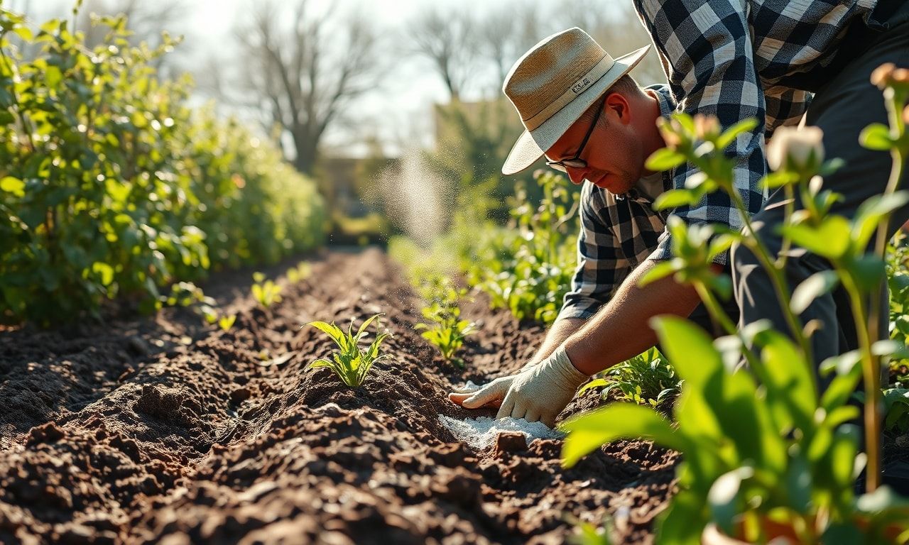 畑で石灰を使って土壌を整える様子