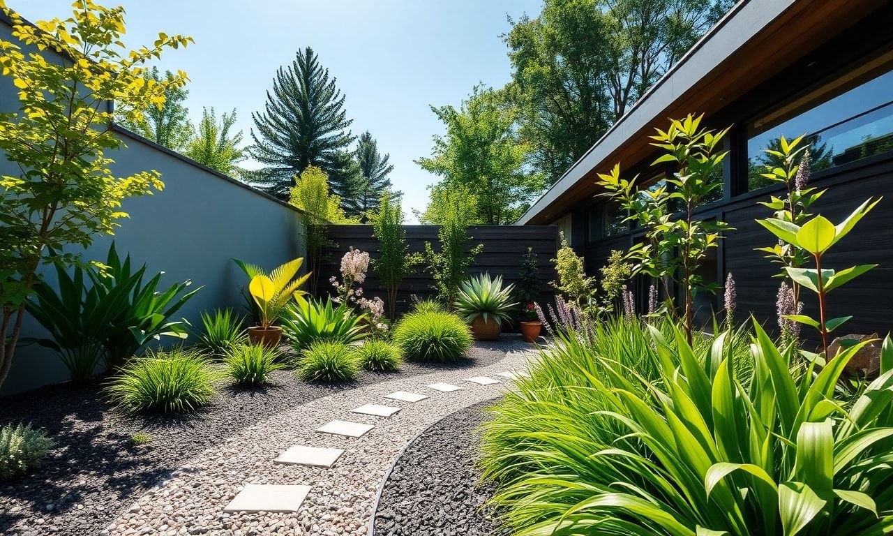 砂利が敷かれた美しい庭の風景