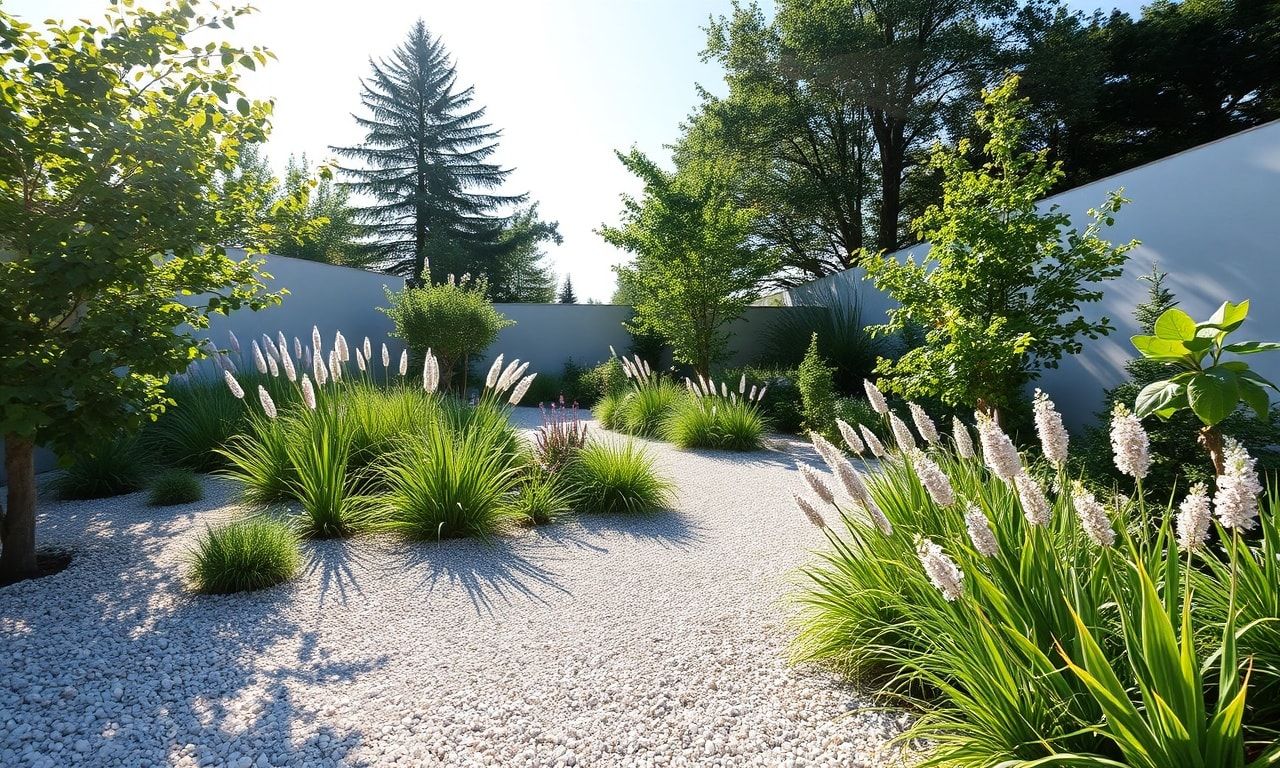 白い砂利が敷かれた明るい庭