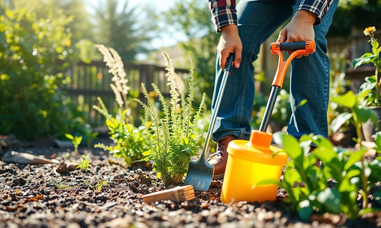 庭の手入れ用道具と雑草対策用品