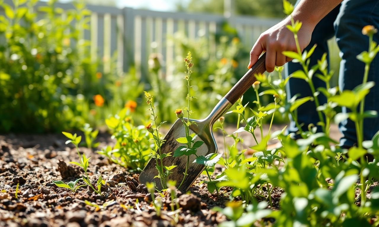 庭で草むしりをする様子
