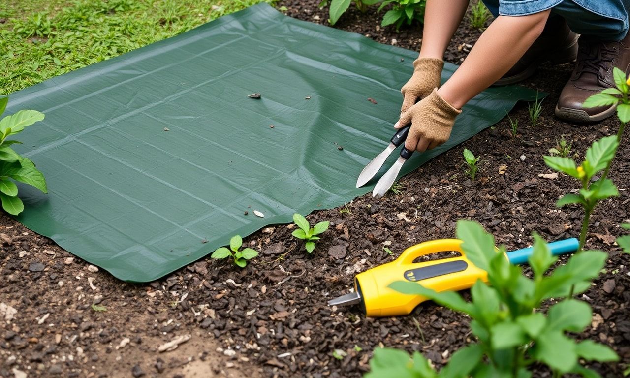 防草シートを敷く作業風景