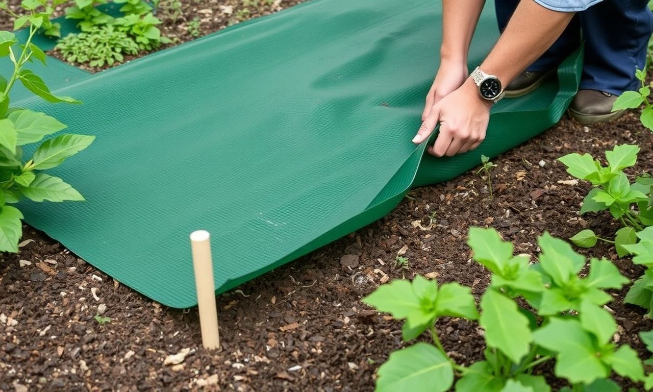 雑草対策マットを丁寧に敷くガーデニングの様子