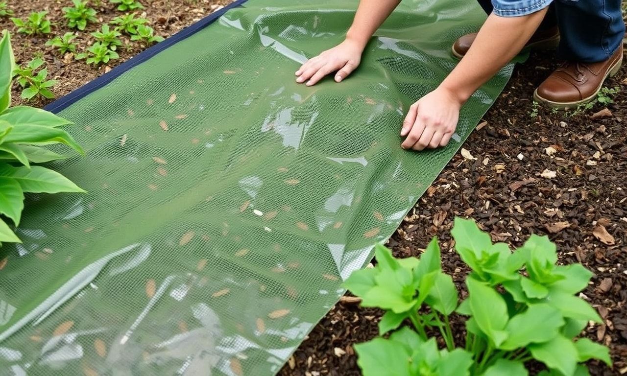 防草シートを敷く作業風景