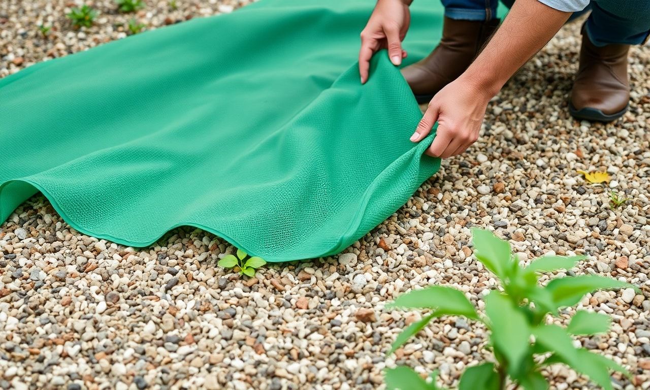 防草シートを敷いて砂利の準備をする様子