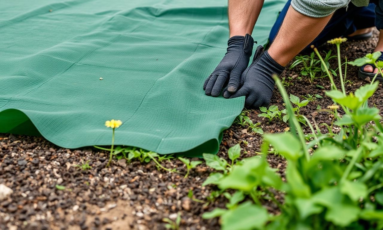 防草シートを敷く作業風景