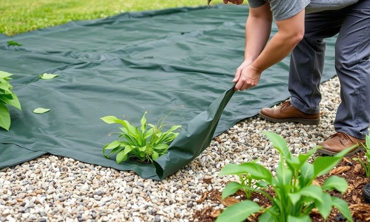 防草シートを施工する様子