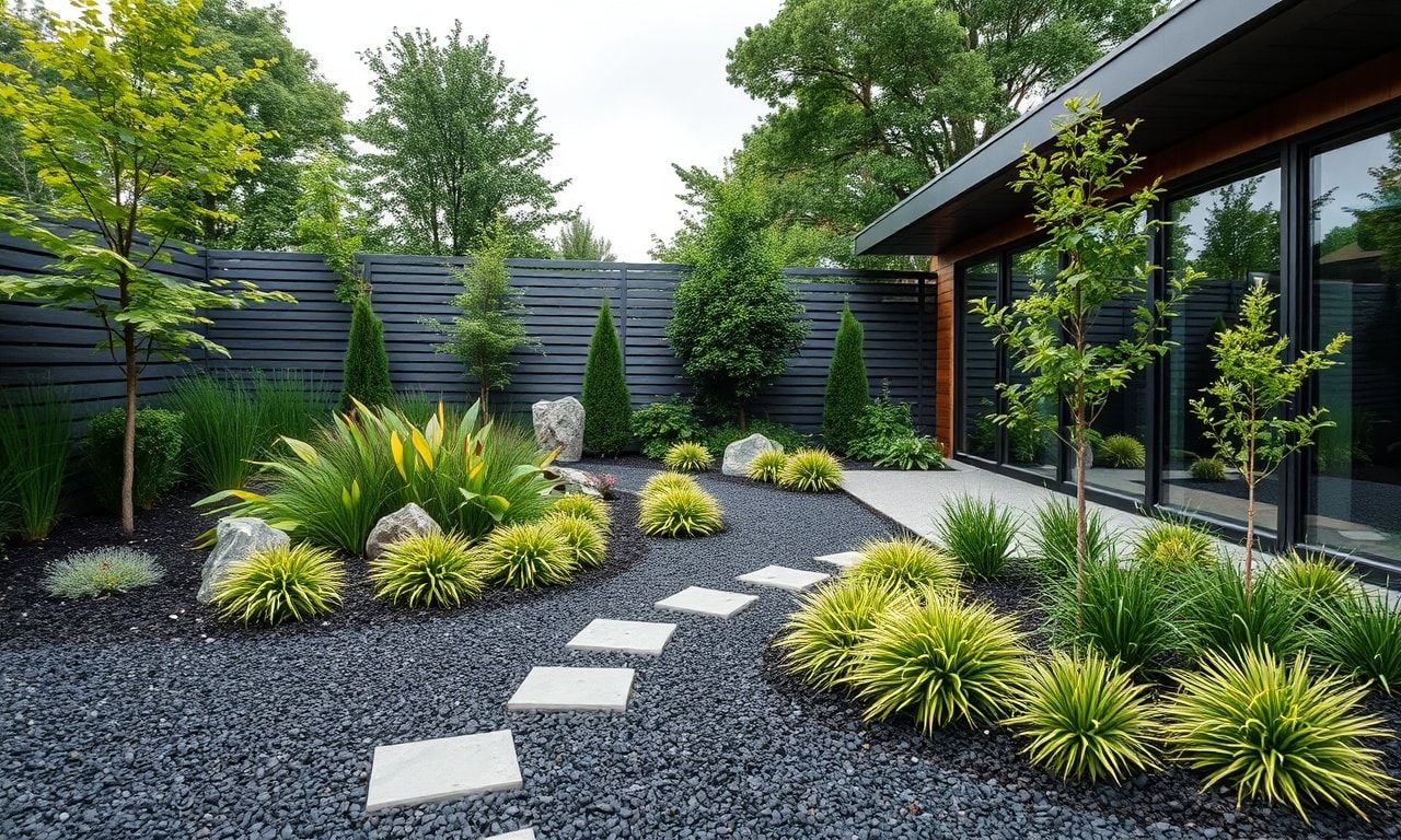 黒い砂利のおしゃれな庭