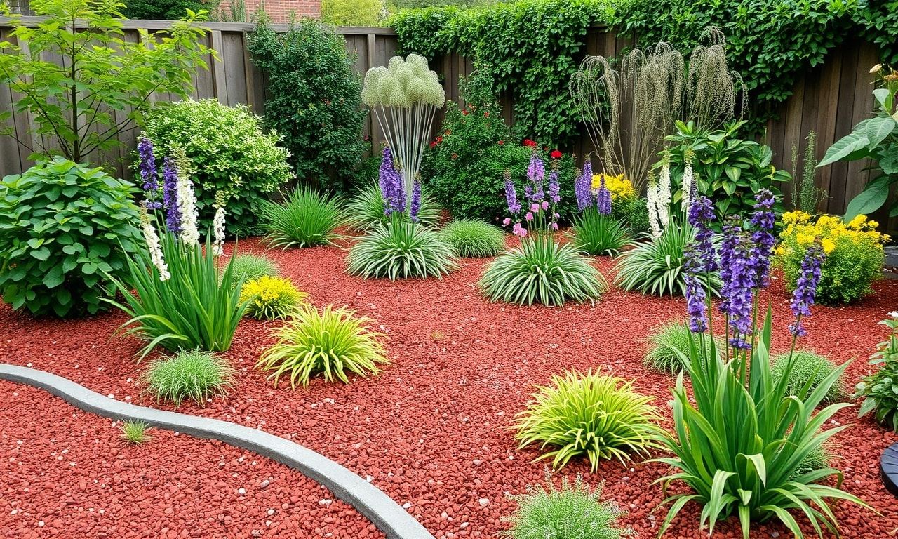 赤い砂利で美しく整備された庭の風景