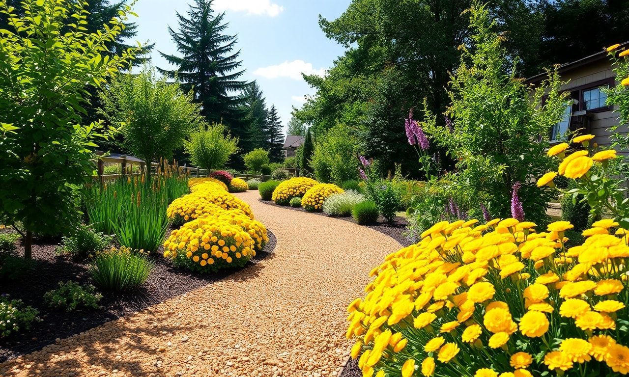 黄色い砂利の美しい庭