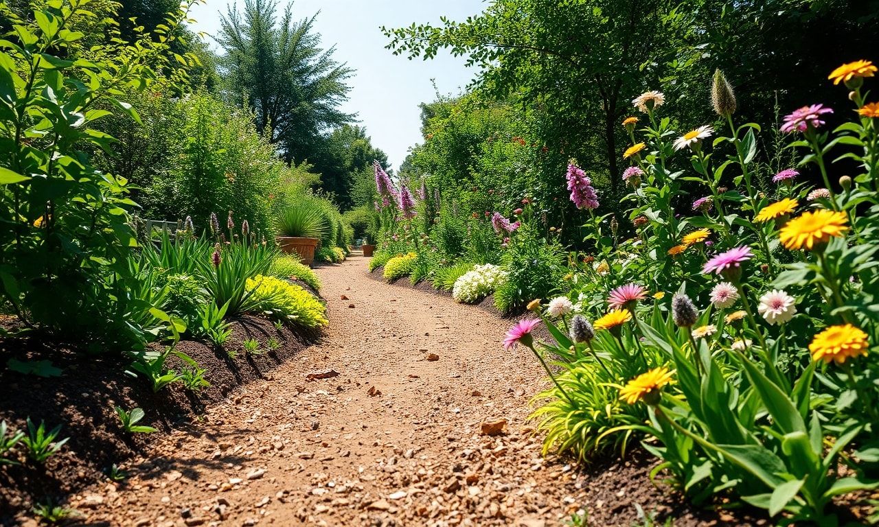 自然な風合いの固まる土を使った庭の小道