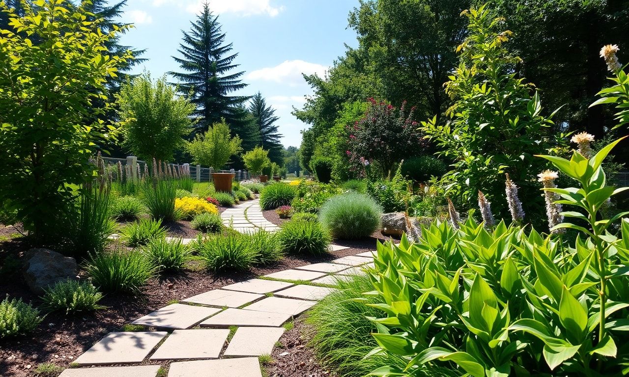 平板が敷かれた美しい庭の小道