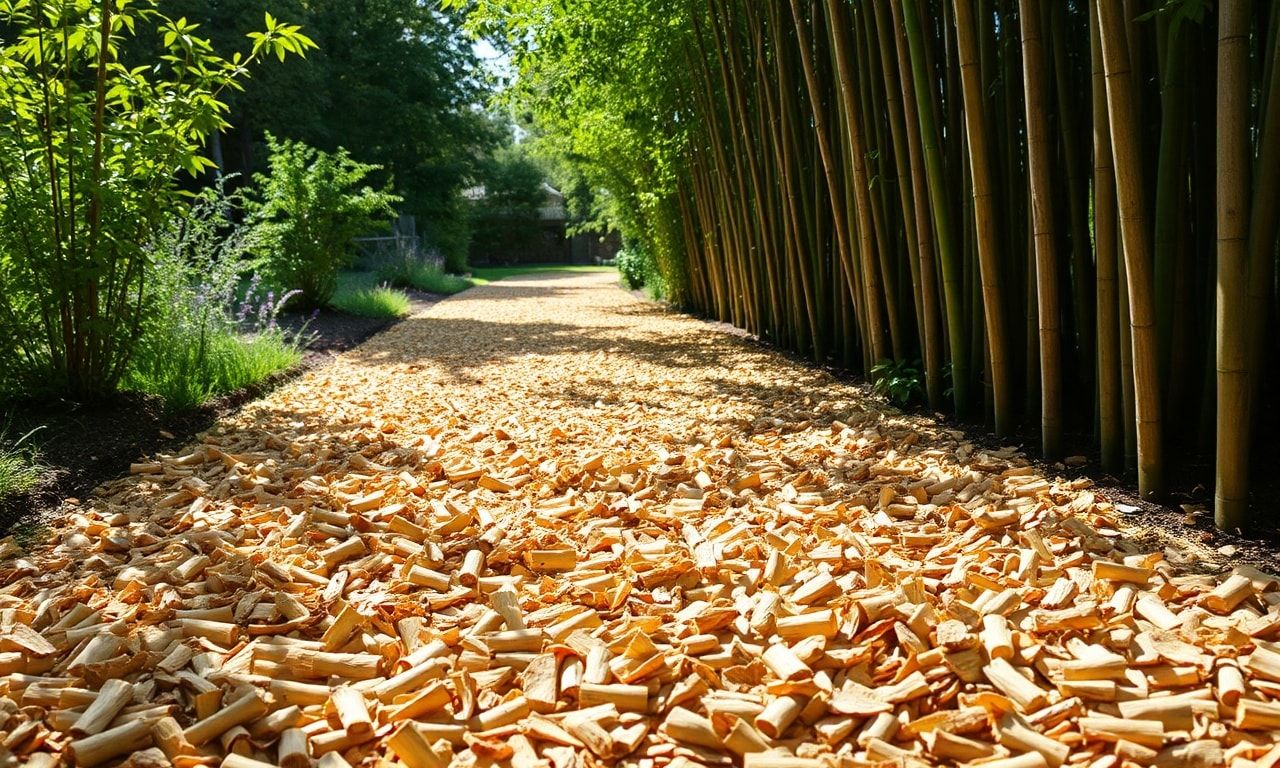 庭に敷かれた竹チップの様子