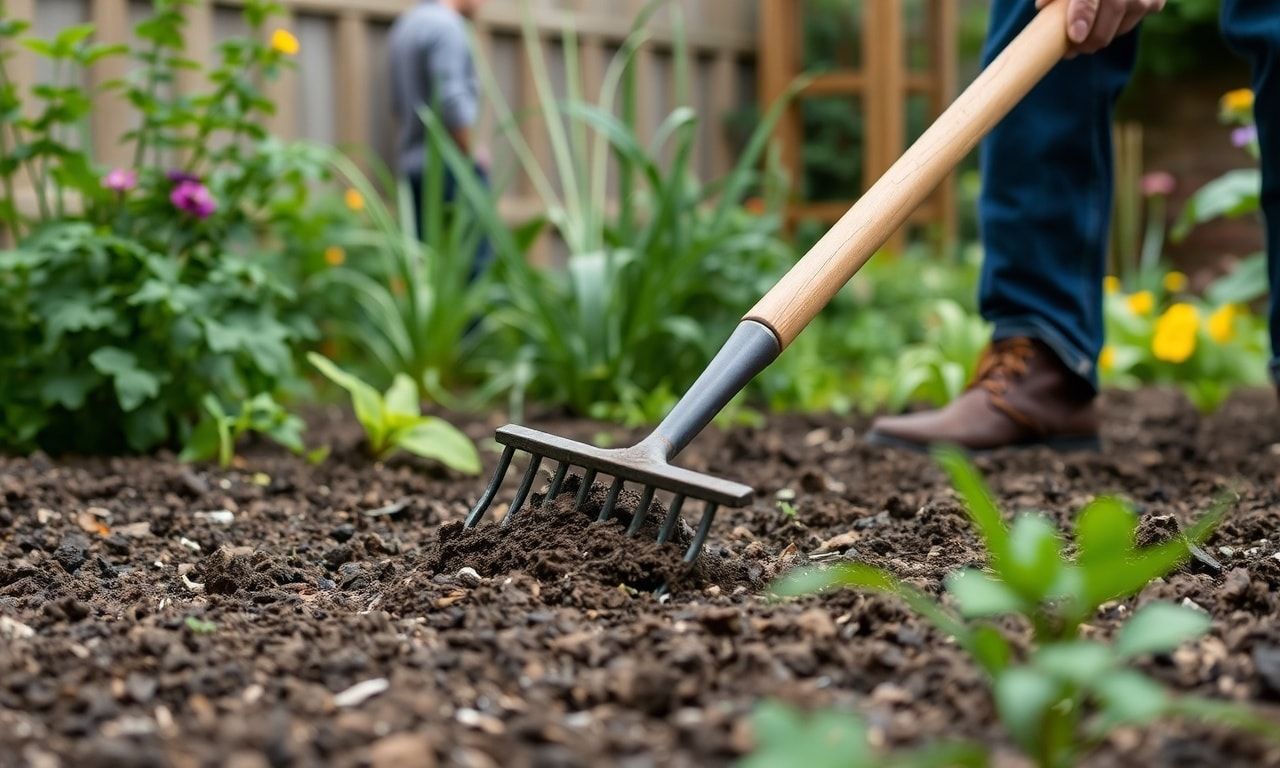 庭のDIYで固まる土を敷きならしている様子