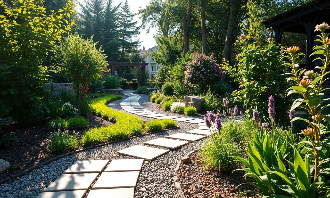 砂利とタイルを組み合わせた庭