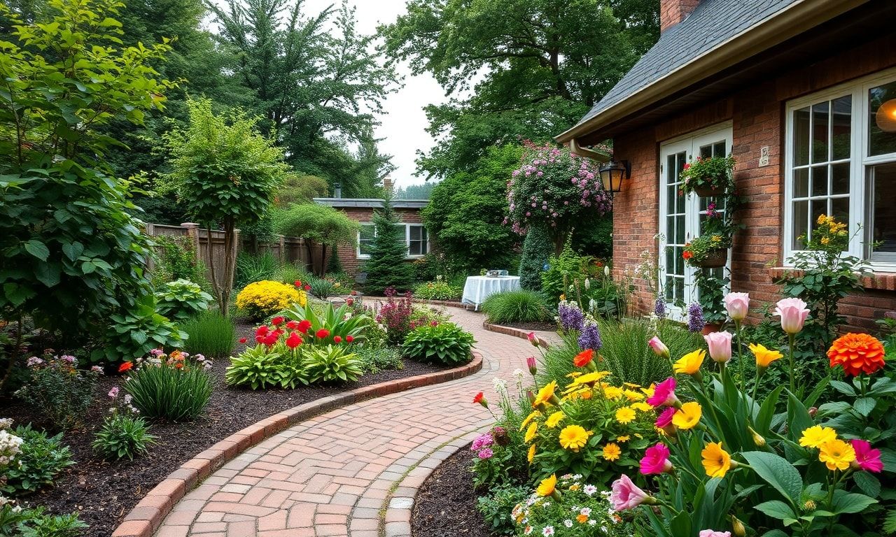 おしゃれなレンガ敷きの庭