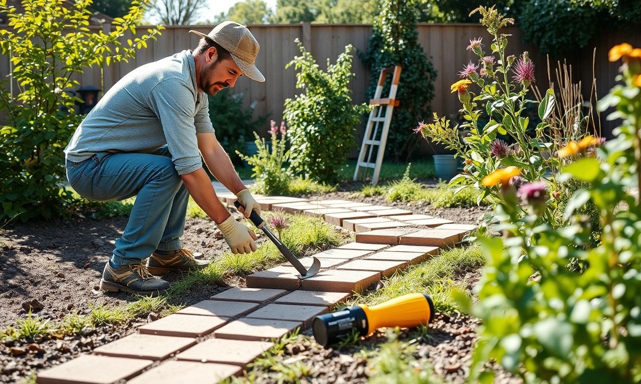 平板を丁寧に敷くガーデニング作業の様子