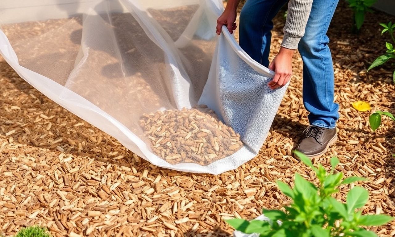 防草シートと木くずを組み合わせる様子