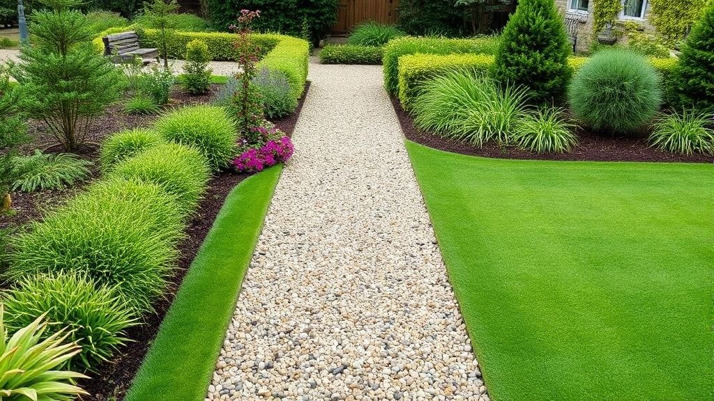 美しく整えられた砂利と人工芝のお庭