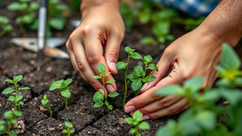 お庭でハーブの植え付け作業をする様子
