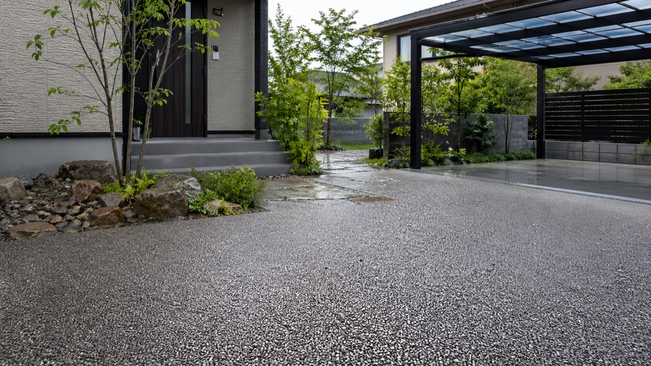 透水性舗装で水たまりを抑えた庭と駐車場