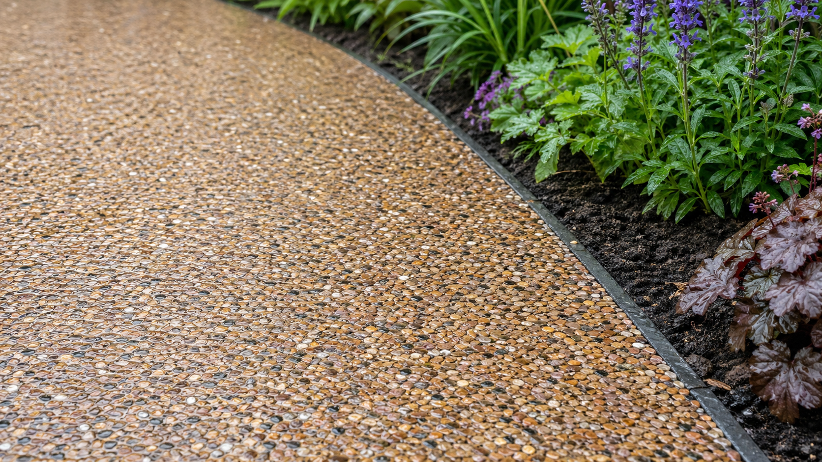 透水性のある樹脂舗装で雑草を抑える庭の通路