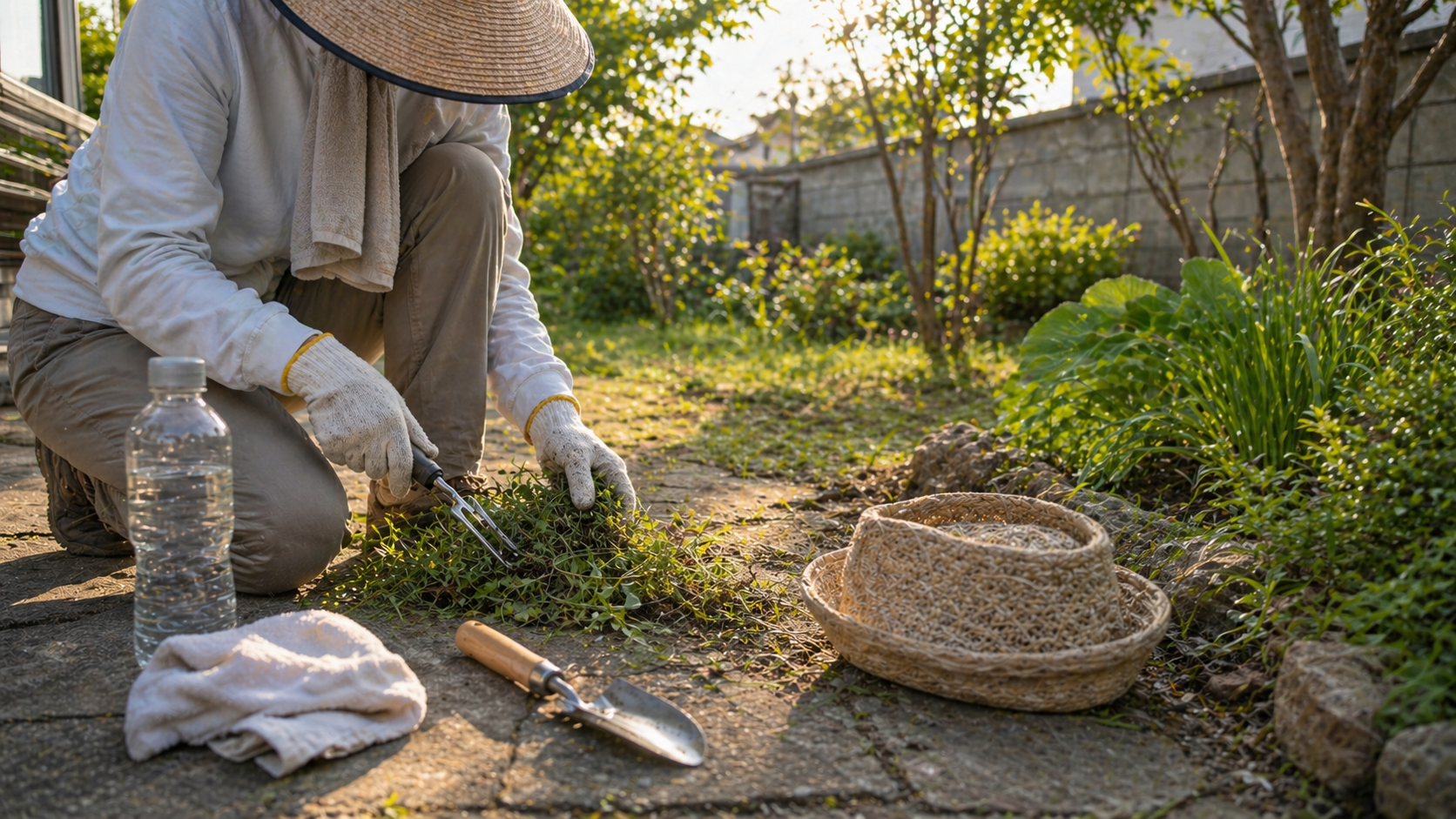 暑さを避けて水分補給しながら夏の草むしりをする様子