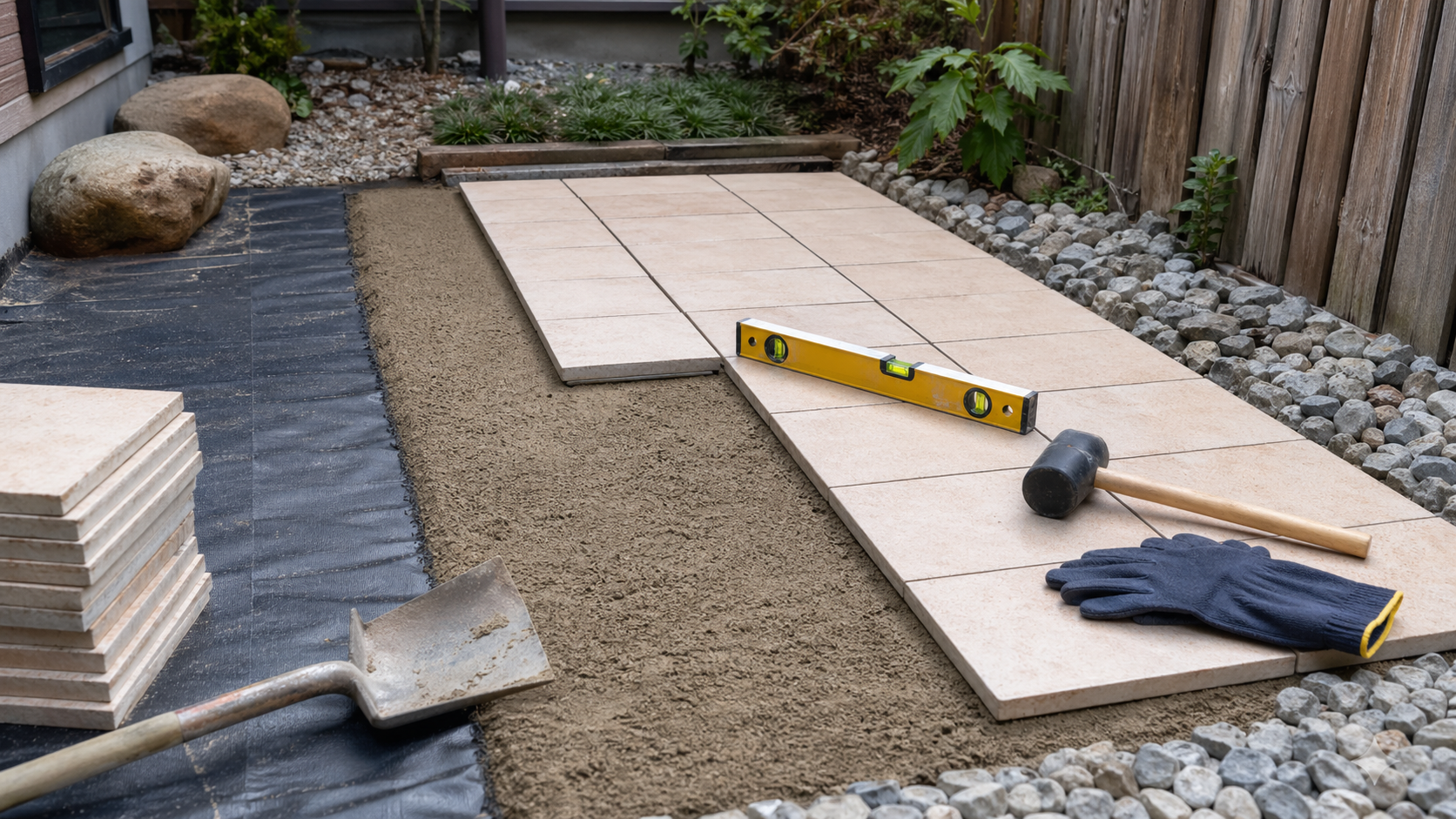 防草シートと砂の下地にタイルを敷くDIY作業