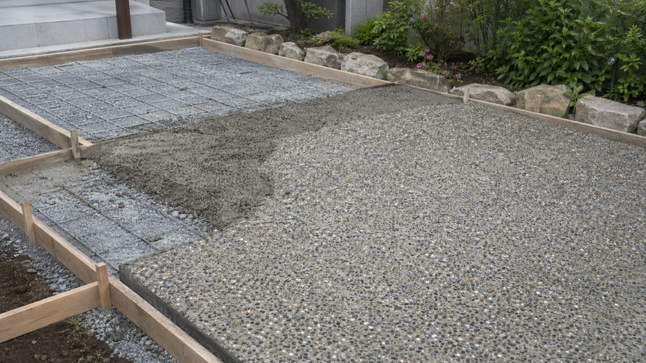 洗い出し施工で雑草を防ぐための下地と型枠準備