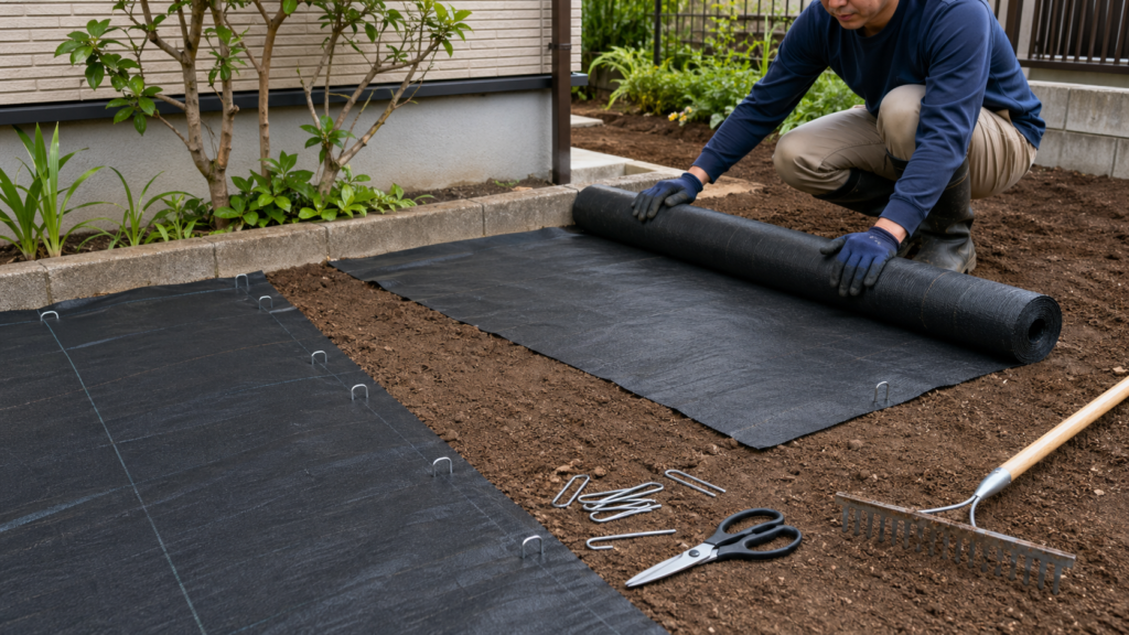 整地した庭に防草シートを広げている作業途中のイメージ