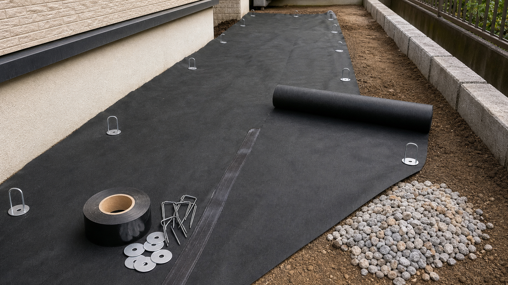 黒い防草シートをピンとテープで固定して砂利下に敷く準備