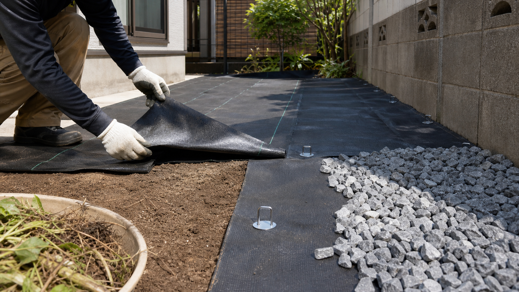 雑草を処理した地面に防草シートを敷きピンで固定して砂利を準備する手順