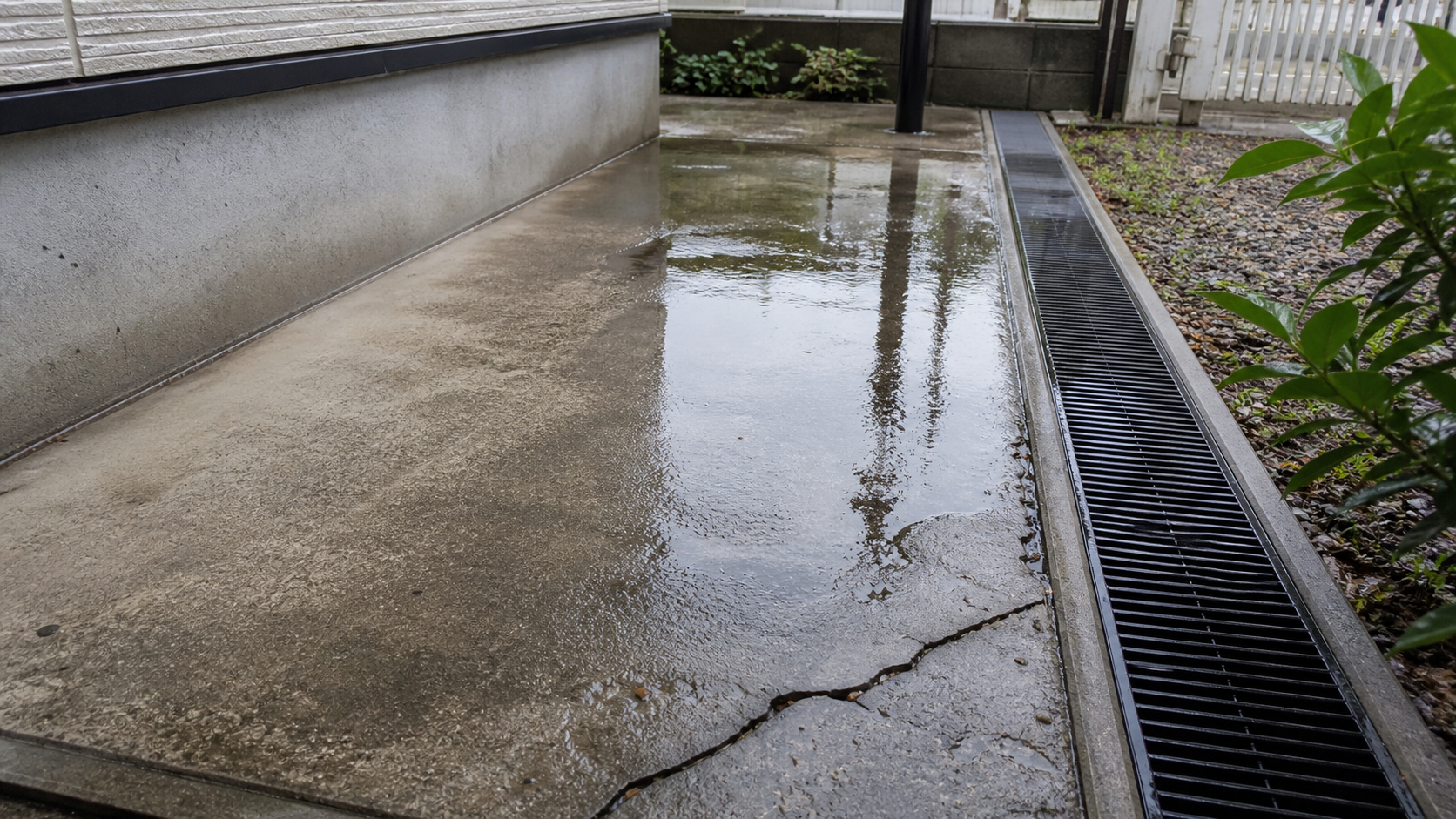 雨上がりのコンクリートに水たまりとひび割れがある失敗例