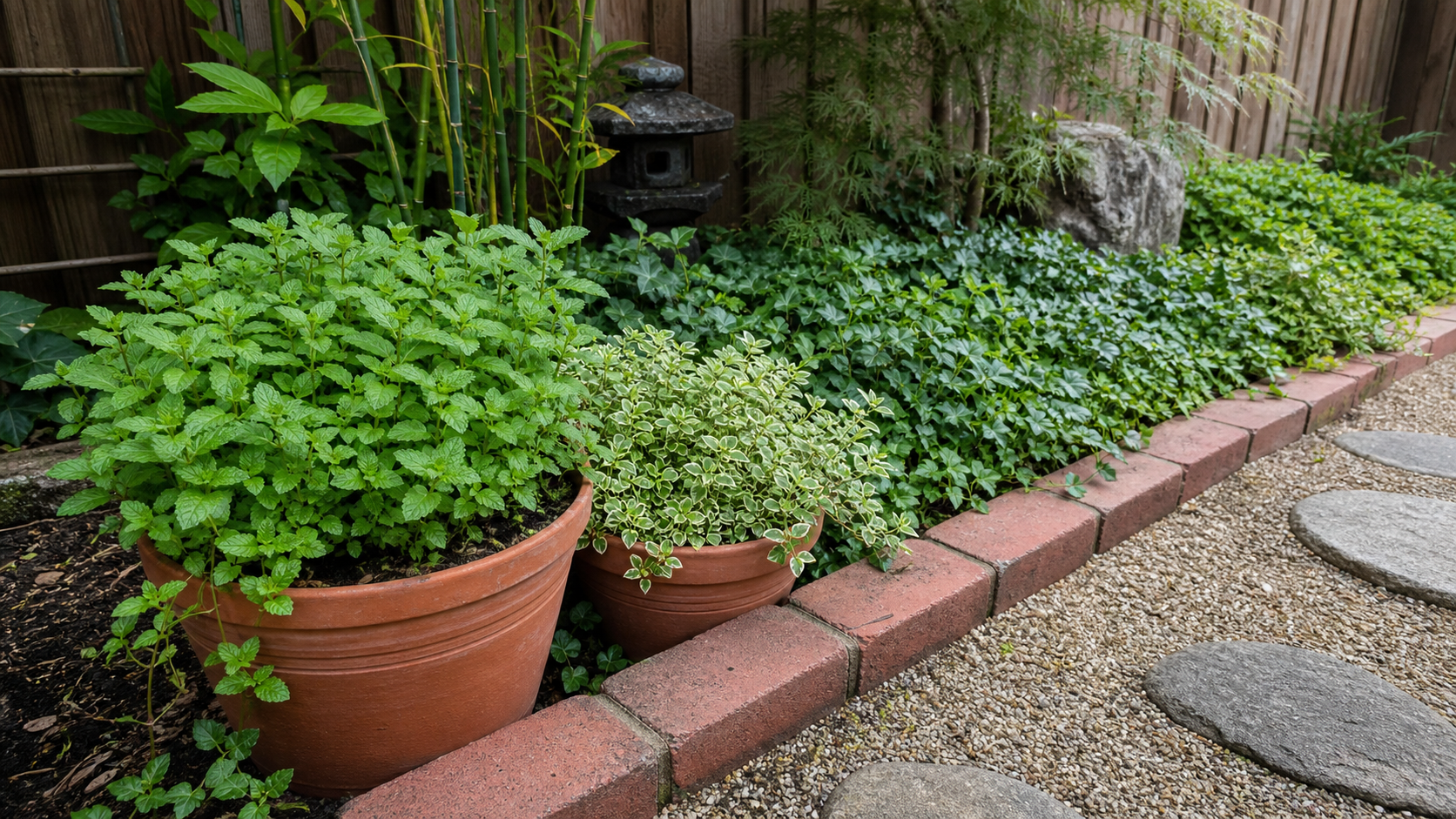 植えてはいけないグランドカバーを鉢とレンガで区切って管理する庭