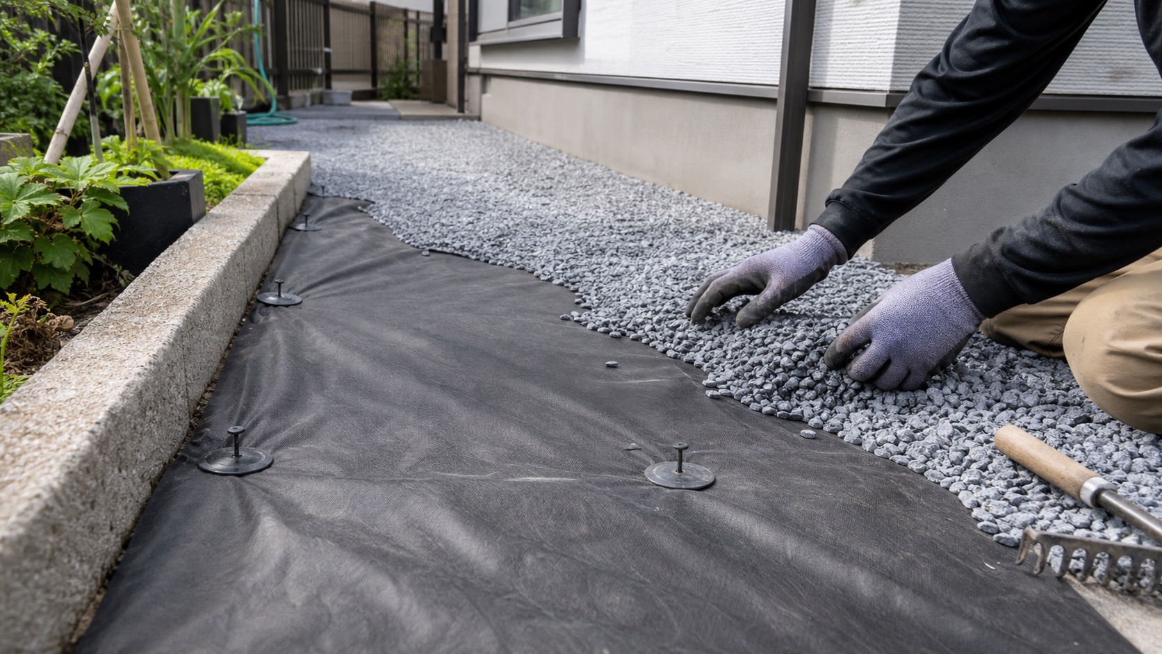 防草シートを固定して上から砕石を敷く雑草対策石のDIY施工