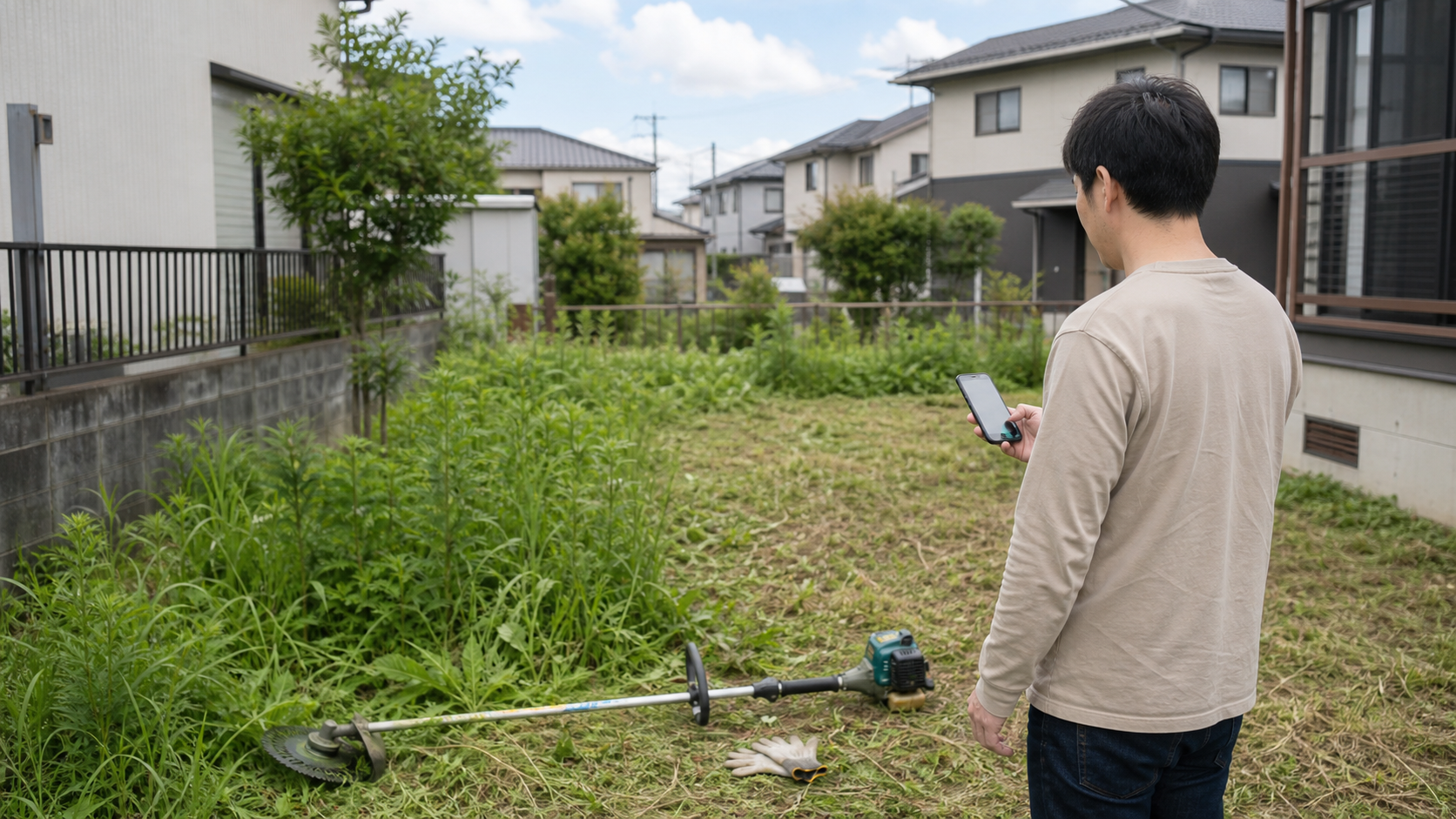 広い庭の草刈りと代行見積もりを検討する様子