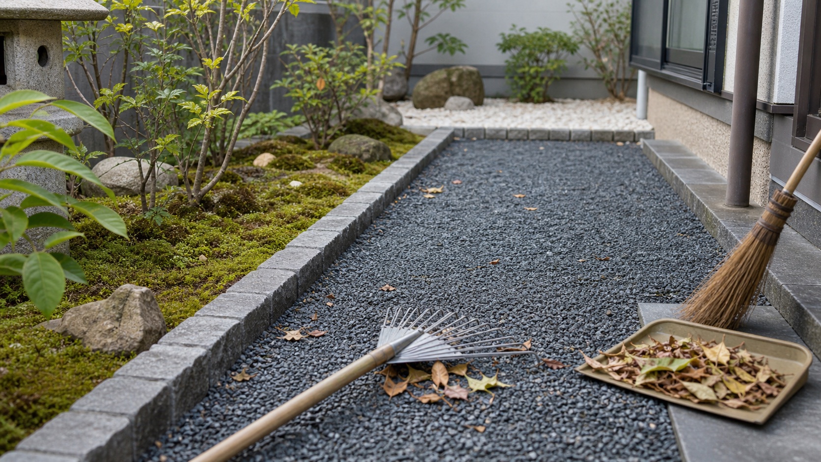 見切り材で囲った砂利を掃除して雑草対策石をきれいに保つ様子