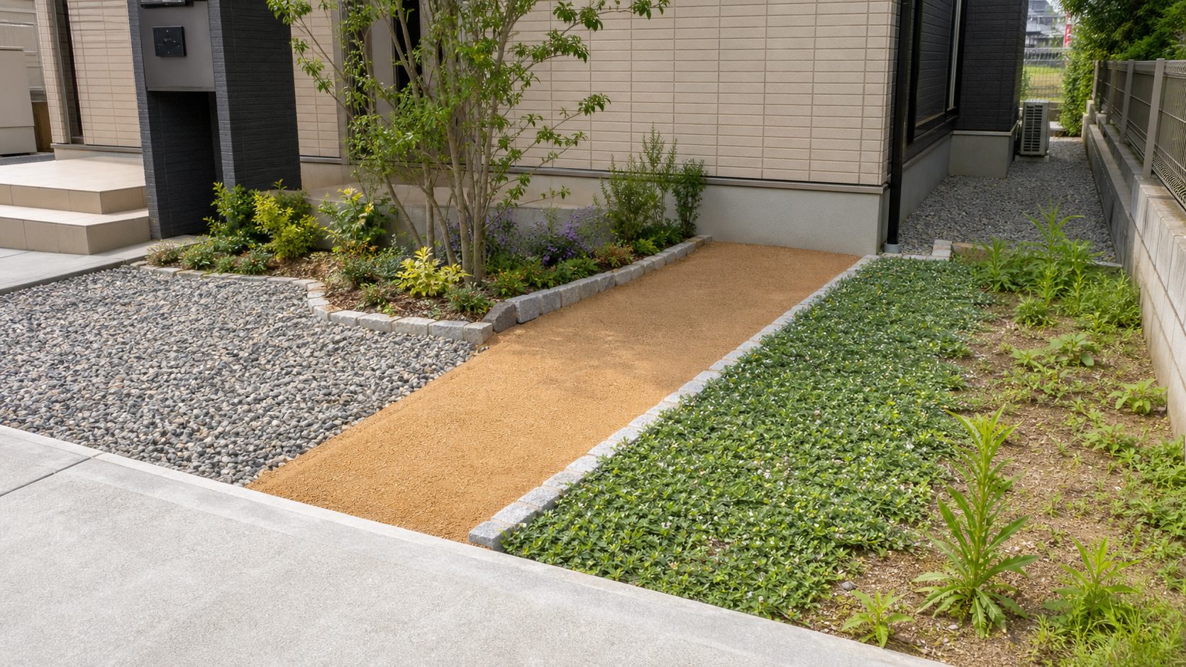 一戸建ての庭や通路など場所別に雑草対策を比較できる外構