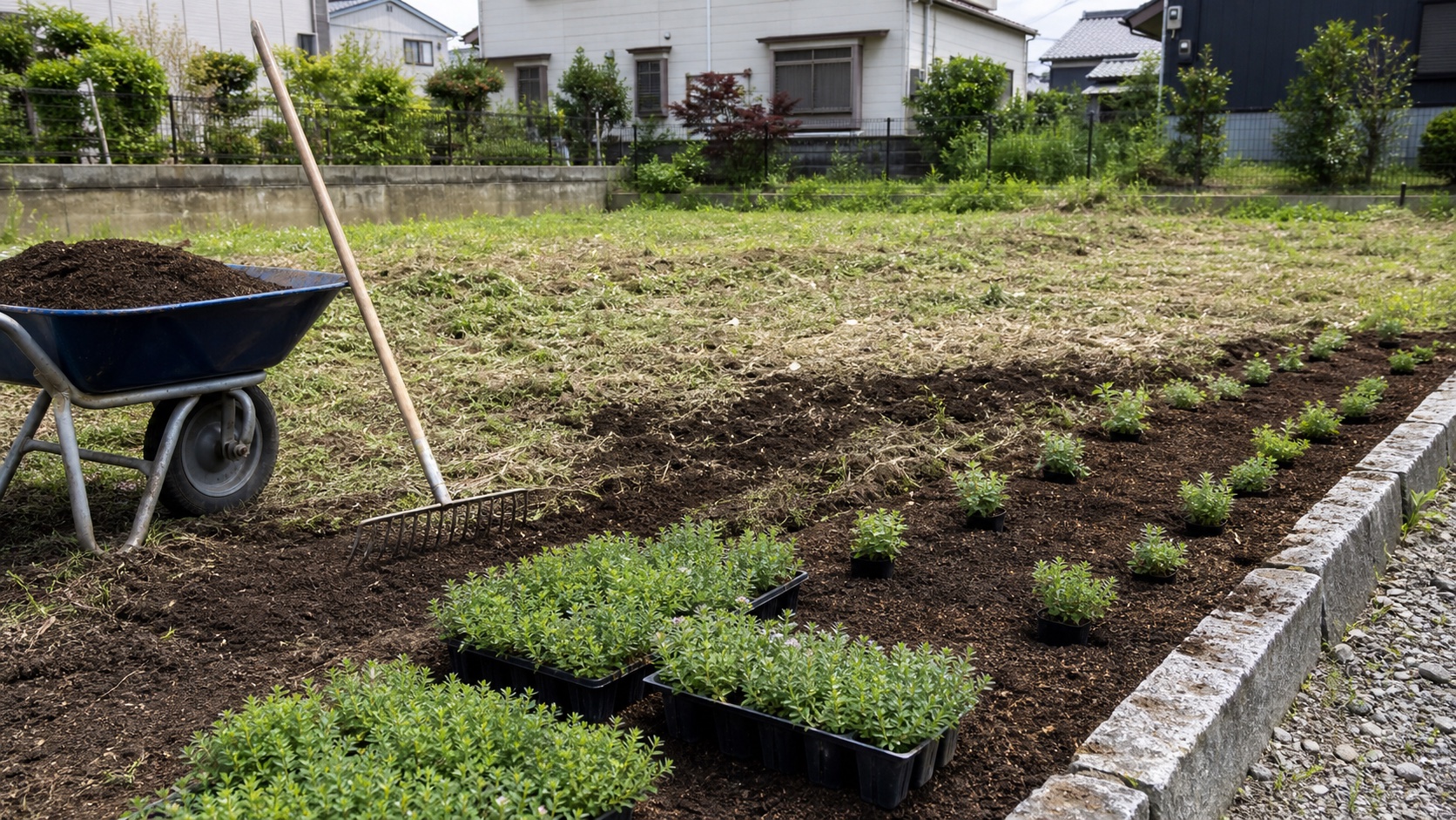 空き地にグランドカバーを植える前の草刈りと土づくり