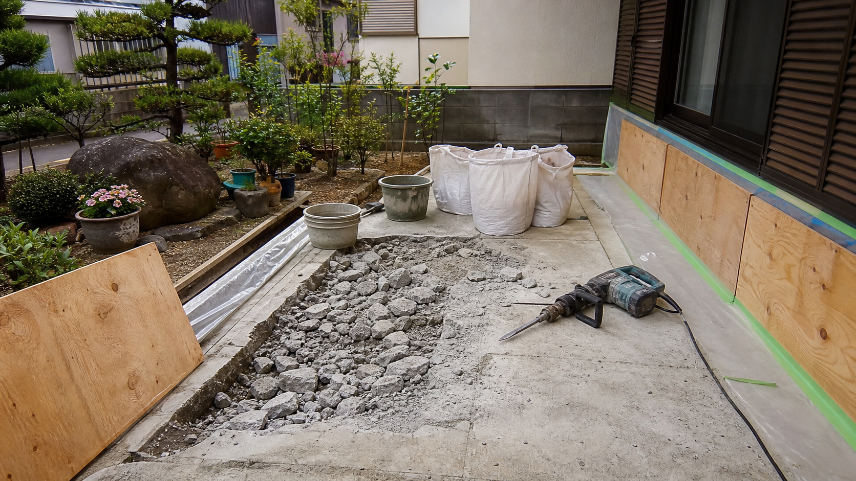 庭の古いコンクリートを撤去しているリフォーム現場