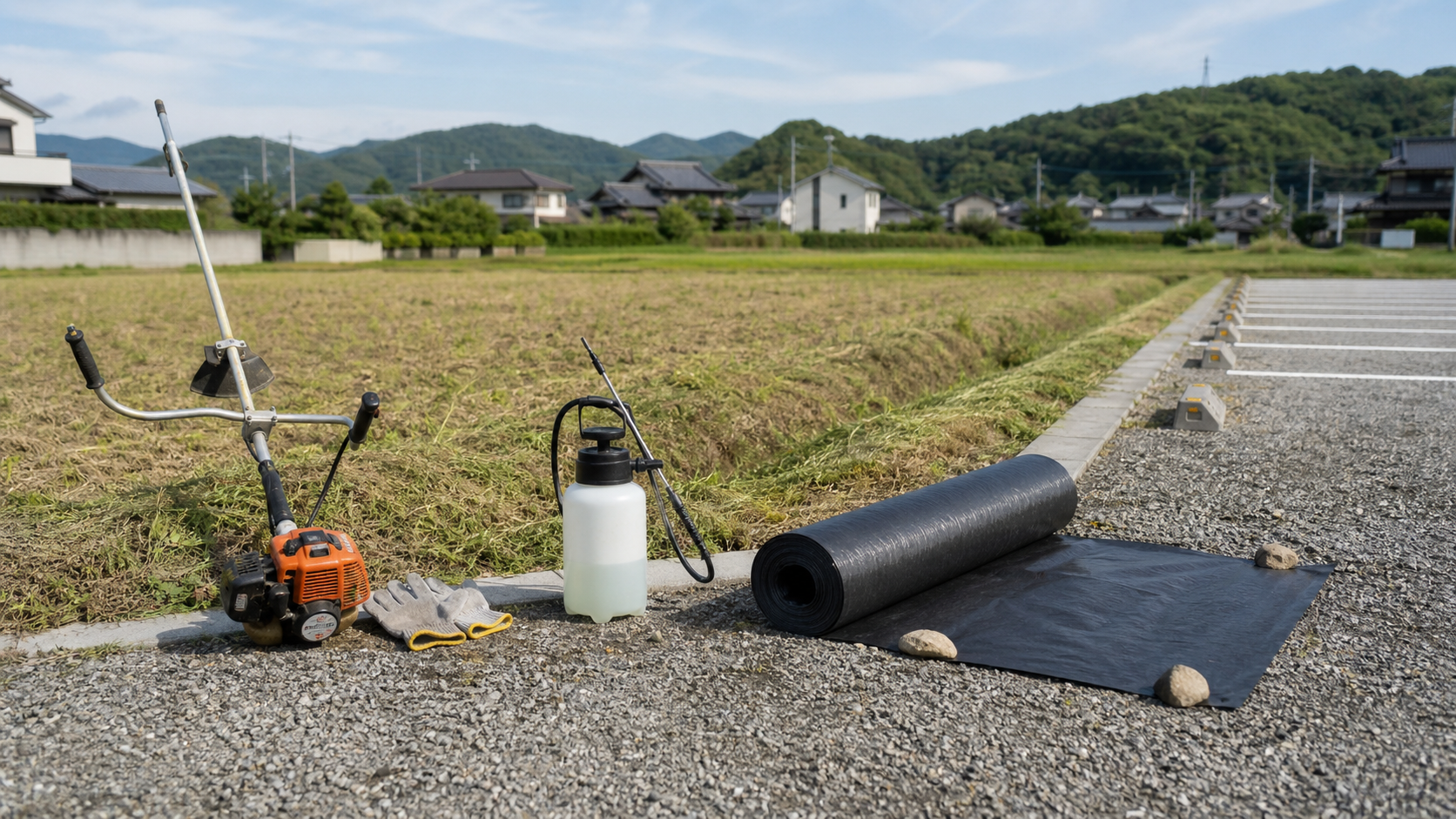 草刈機と散布器と防草シートを並べた休耕田の雑草対策道具