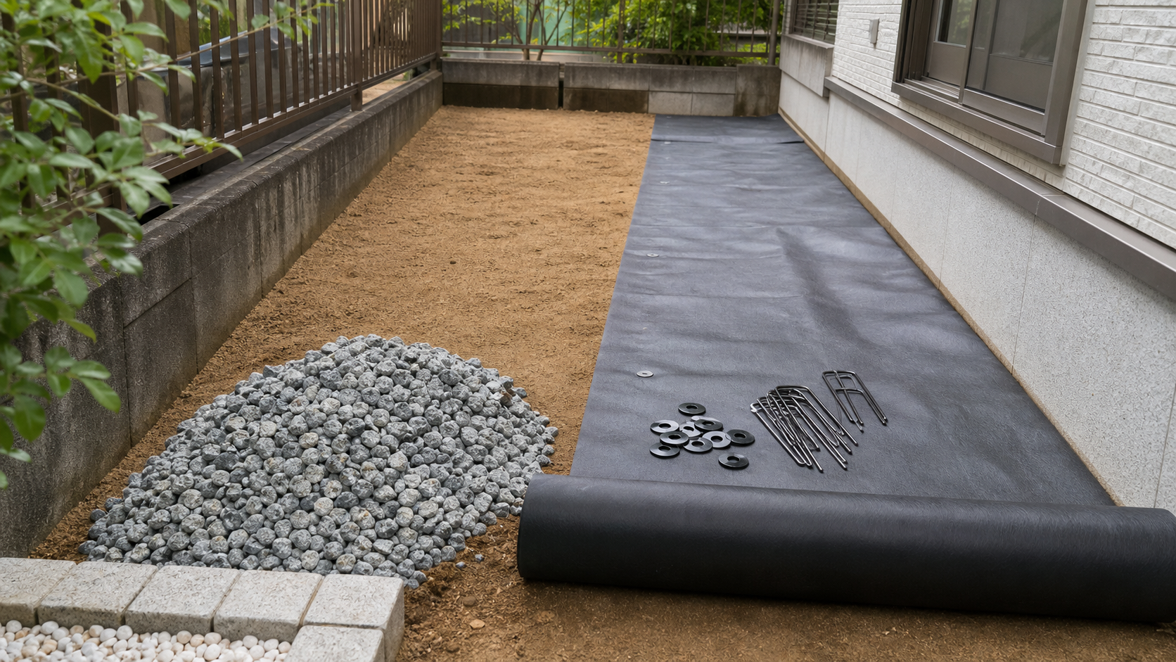 砂利を敷く前に防草シートを広げピンで固定する手順