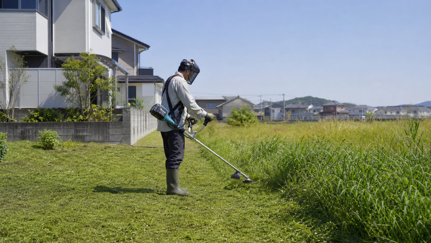 広い庭で家庭用草刈機を安全に使う作業イメージ