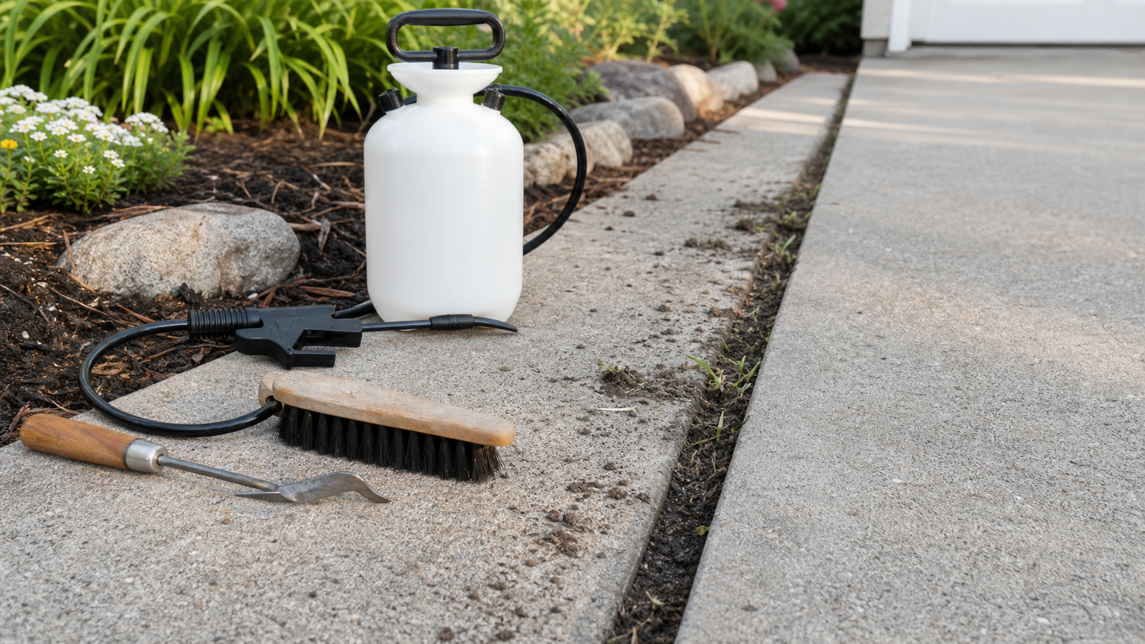 コンクリート目地の雑草を除草して土をかき出す道具と散布器