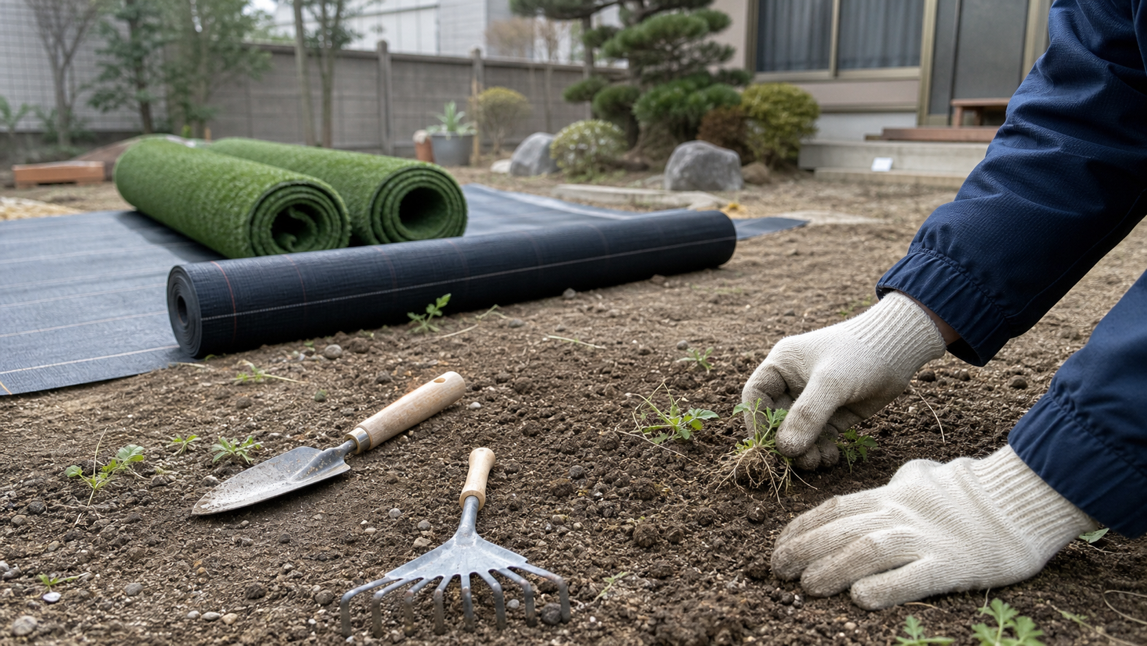春前の庭で小さな雑草を抜き防草シート施工前の土を整える手元
