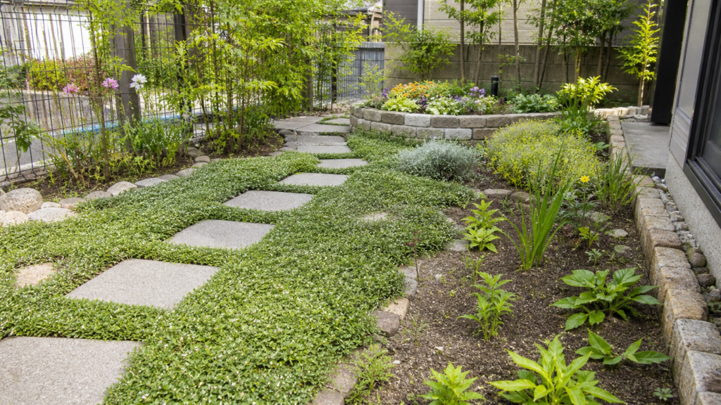 植物で雑草を抑える庭のグランドカバー全体像