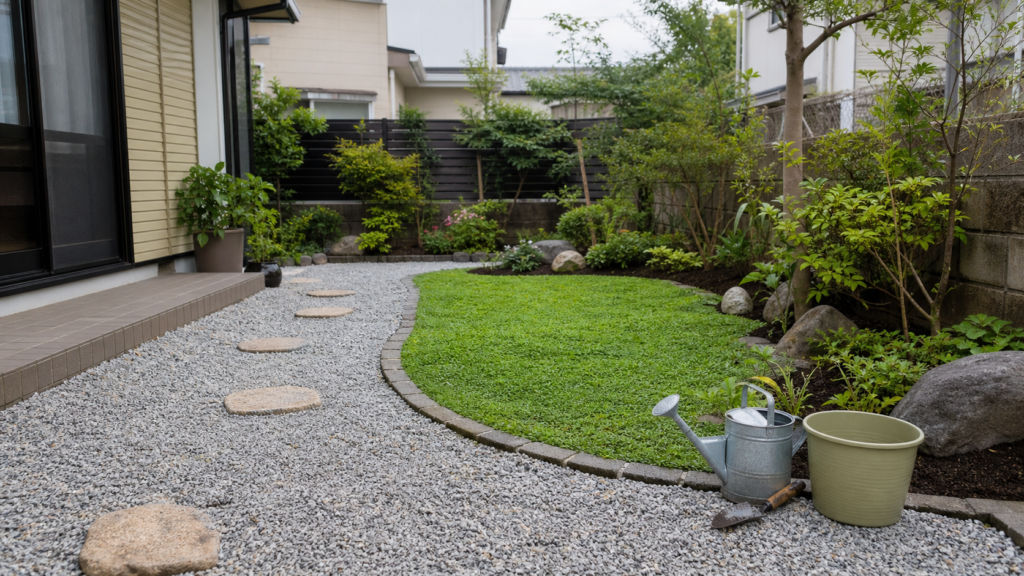 庭の雑草対策で手入れしやすく整えた砂利と植栽の庭