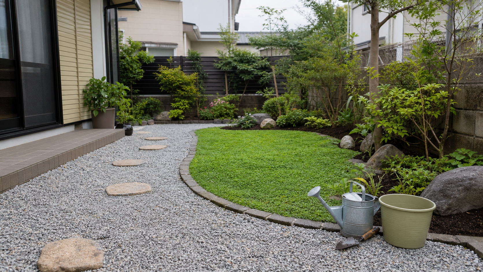 庭の雑草対策で手入れしやすく整えた砂利と植栽の庭