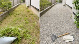 庭の雑草対策に砂利を敷いた庭の施工前後